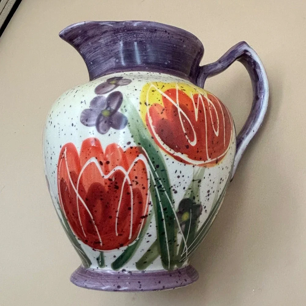 Julie Ueland Enesco Ceramic Pitcher Floral Tulip Purple Hand Painted 2000 Vtg